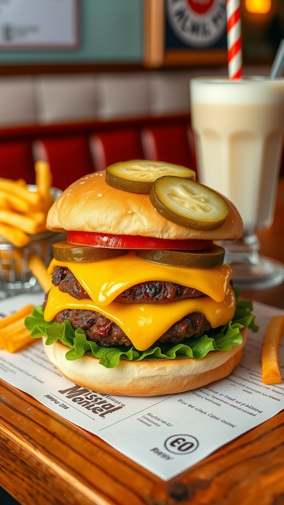 Classic 1960s burger with cheese, lettuce, tomato, and fries on a wooden table.